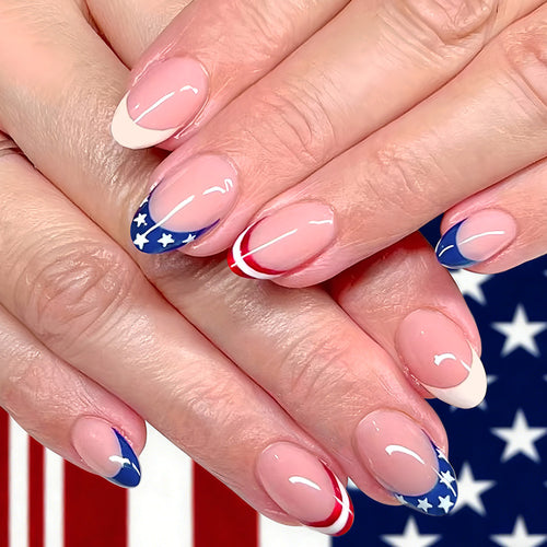 Women's nan patriotic star and stripe gel press-on manicure set almond-shaped glossy durable Bowlift