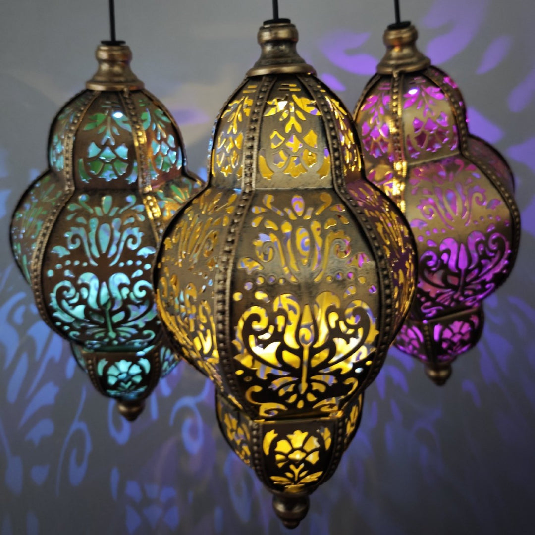 Ornate Moroccan Cutout Metal Hanging Pendant Light With Decorative Shadow Projection And Ceiling Canopy Bowlift