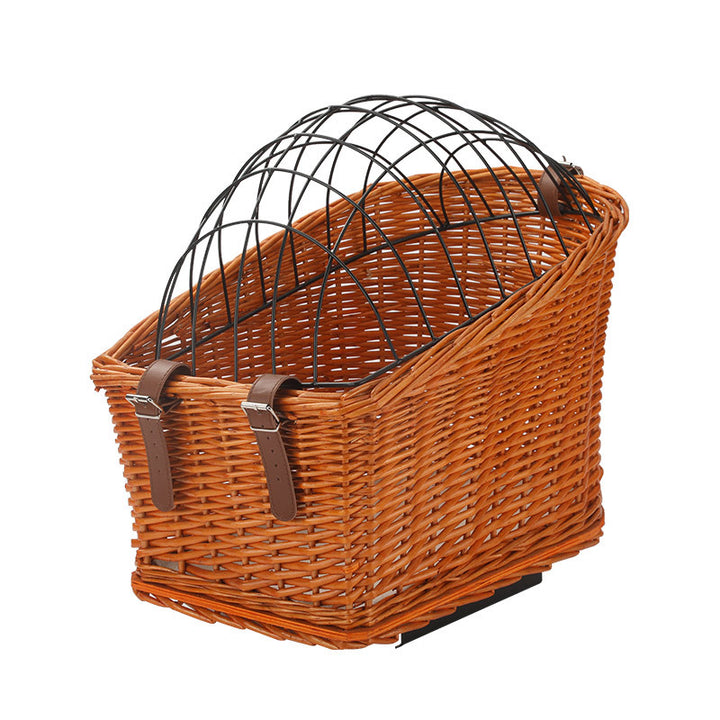 front-mount wicker bicycle pet carrier basket with foldable metal safety dome and adjustable leather buckle straps Bowlift