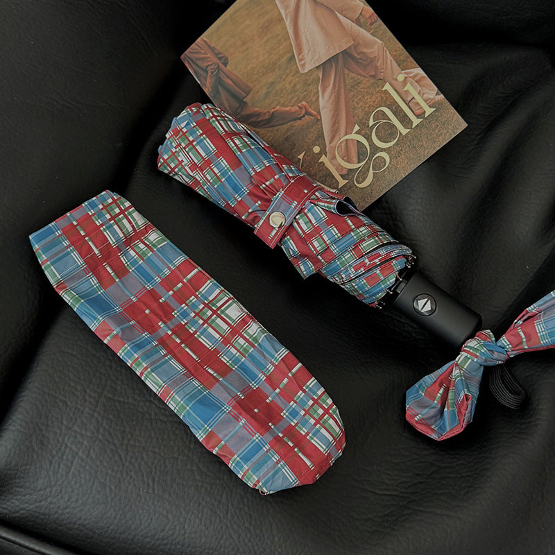 Women's Folding Umbrella in Modern Check Pattern Bowlift