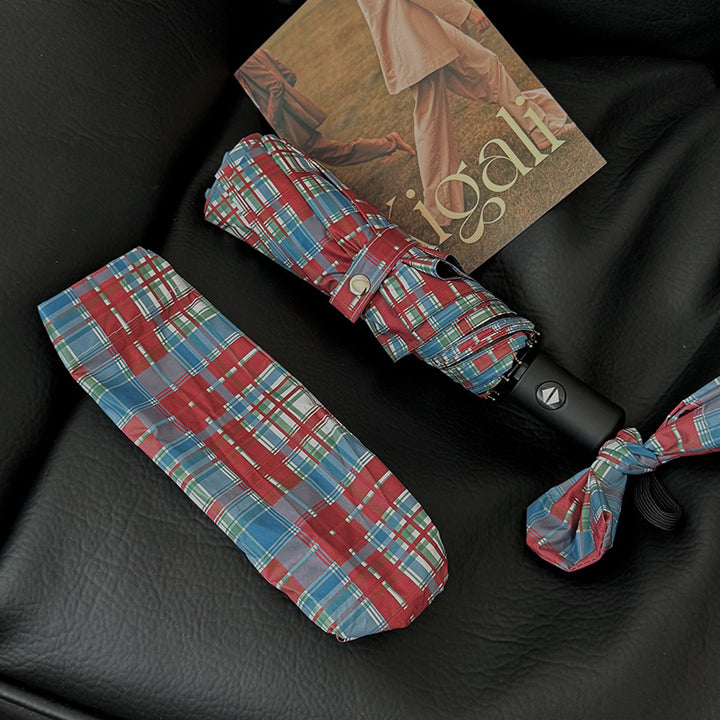 Women's Folding Umbrella in Modern Check Pattern Bowlift