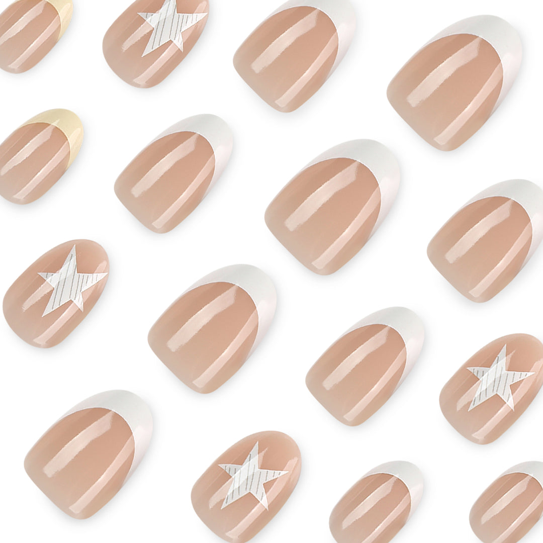 Elegant artificial nails with classic French tip and intricate star design Bowlift