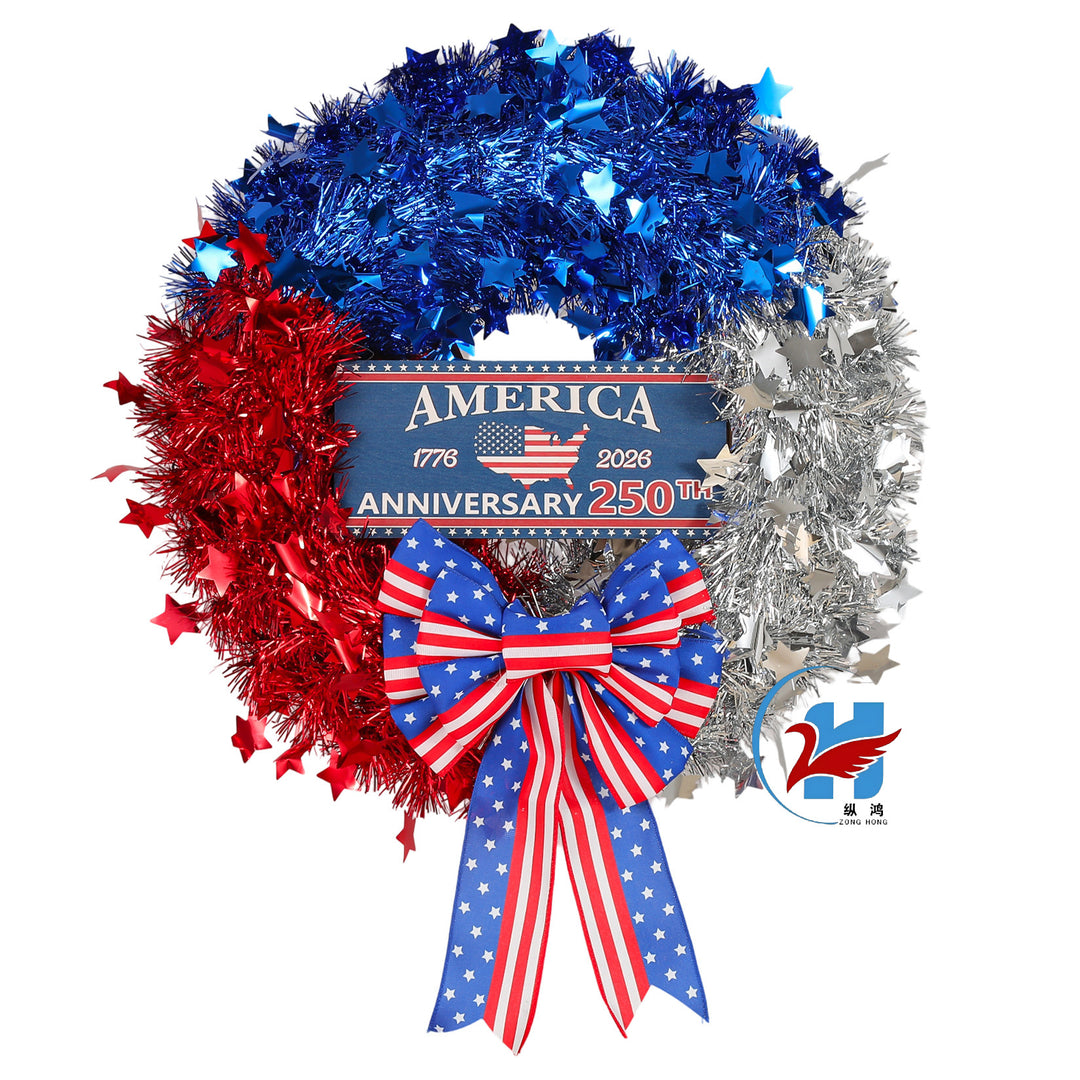 Unisex nan more patriotic door wreath made of tinsel with star embellishments and large bow Bowlift