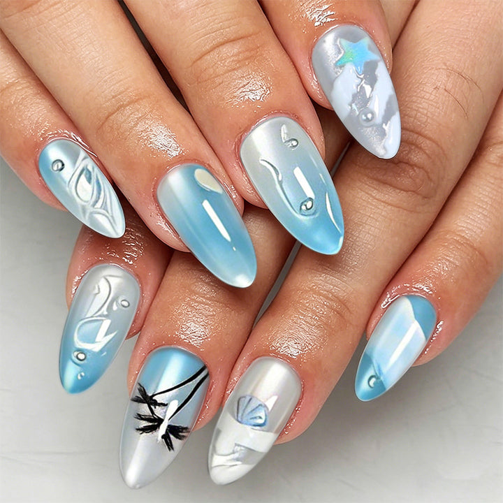 Acrylic nail set with elegant water and marine motifs Bowlift