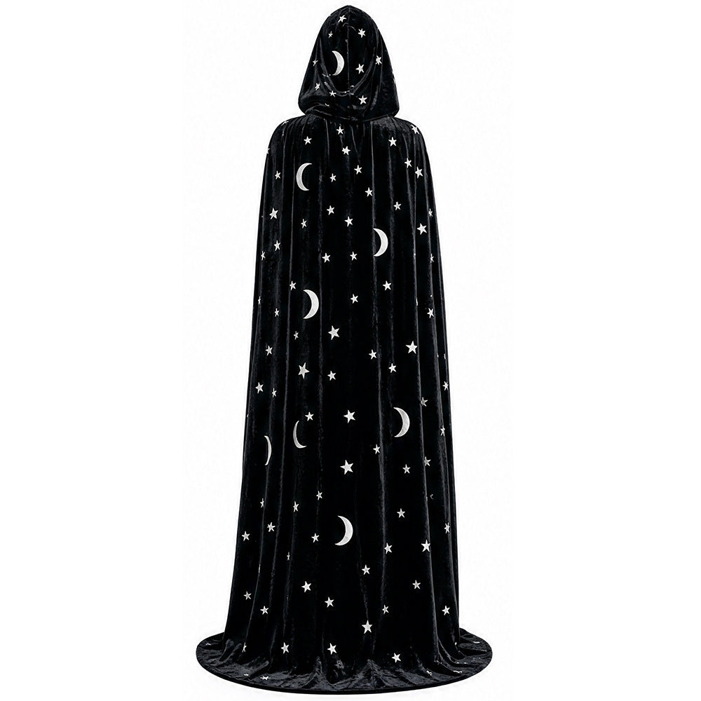 Floor-Length Velvet Hooded Cloak with Celestial Moon and Star Appliqué Bowlift