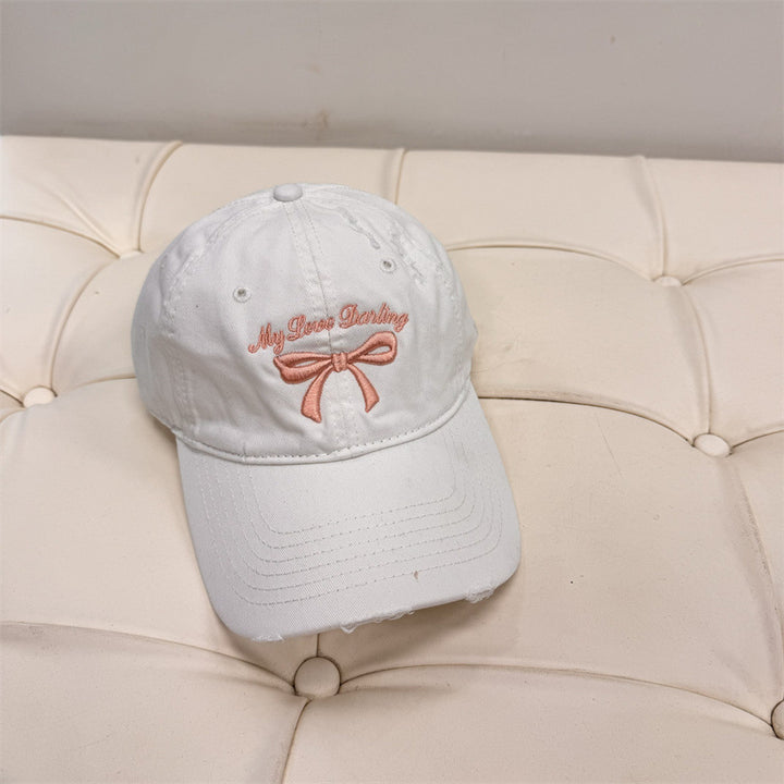 Women's Distressed Cotton Baseball Cap with Bow Embroidery Bowlift