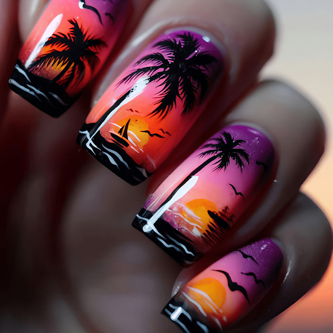 Artificial nails with tropical beach motif Bowlift