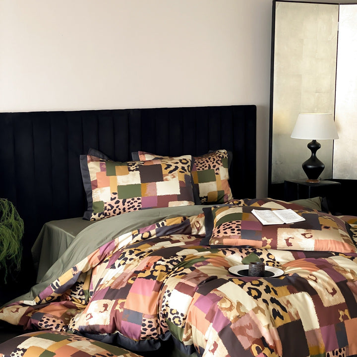 Luxury Satin Patchwork Duvet Cover Set with Leopard Accent and Contrasting Border