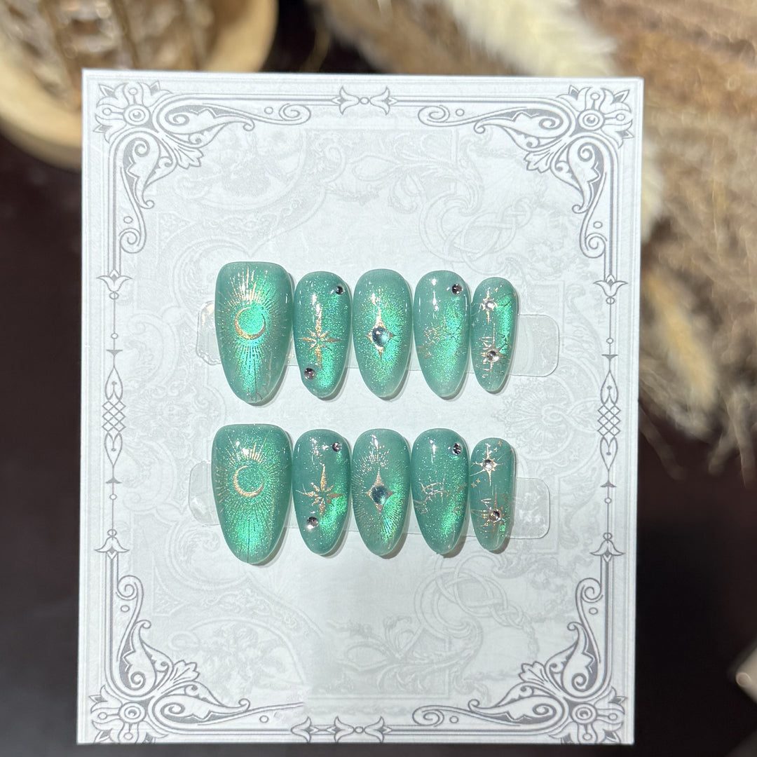 Decorative Press-On Nail Set with Celestial Accents Bowlift
