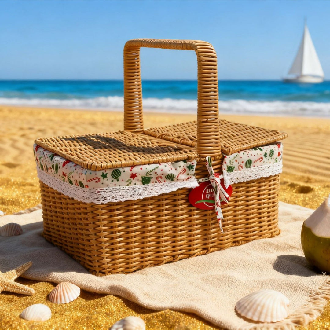 Ladies picnic basket with double compartment and decorative fabric trim Bowlift