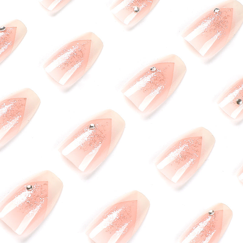 Elegant Artificial Nails with Glitter and Romantic French Tip Bowlift