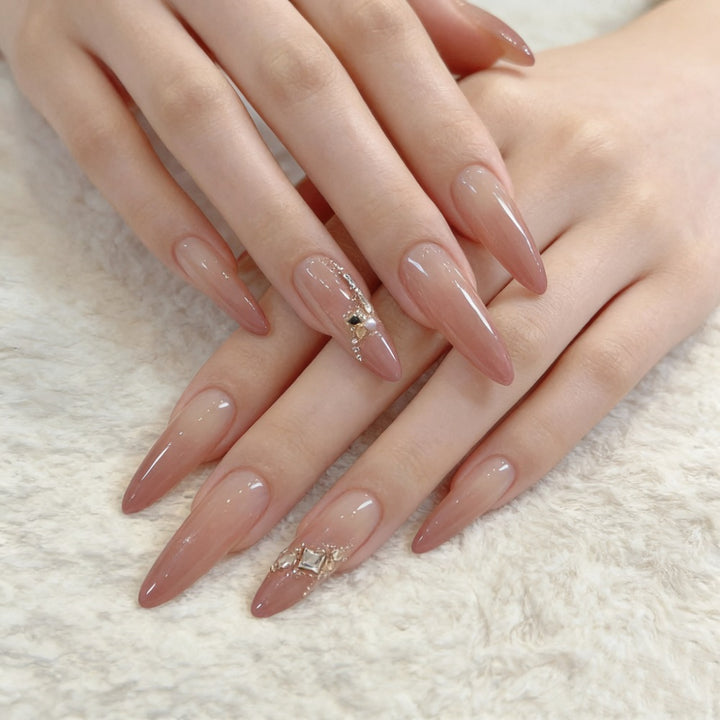 Elegant Stiletto Press-On Nail Set with Gemstone Accents Bowlift
