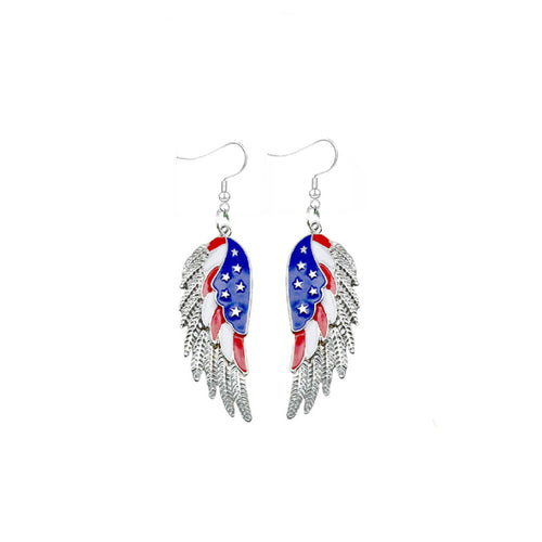 Women's nan patriotic enamel angel wing dangle earrings with stars and stripes motif and layered feather detail Bowlift