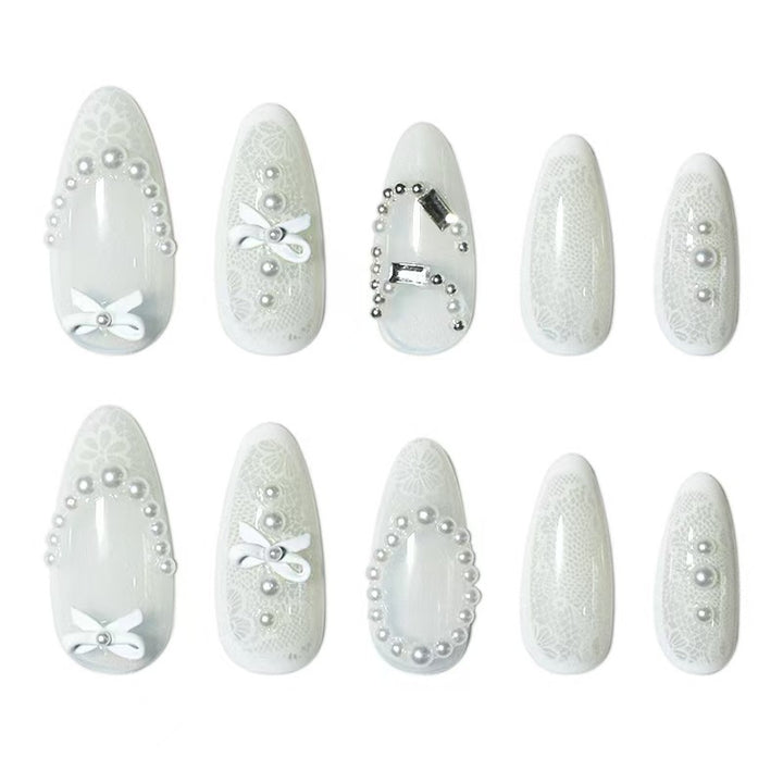 Elegant French Tip Lace Detail Press-On Nails Bowlift