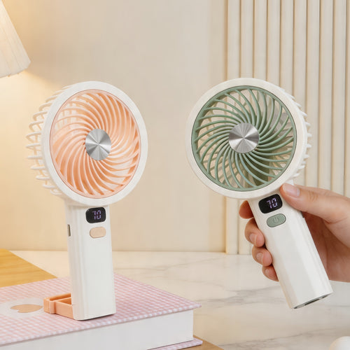 Ladies Portable Hand Fan with LCD Temperature Display and Rechargeable Battery Bowlift