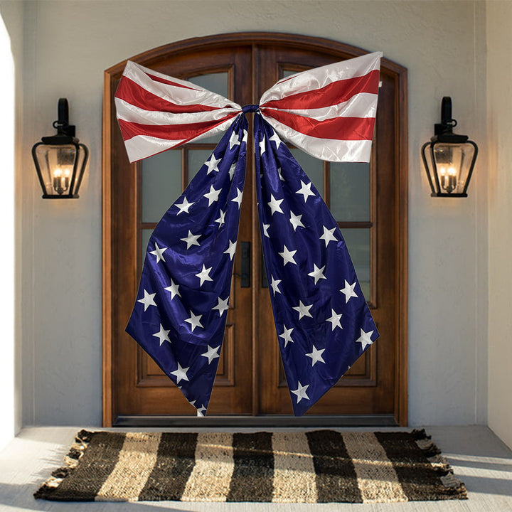 Unisex nan extra large decorative bow with long flag tail, integrated hanging loop, and weatherproof polyester Bowlift