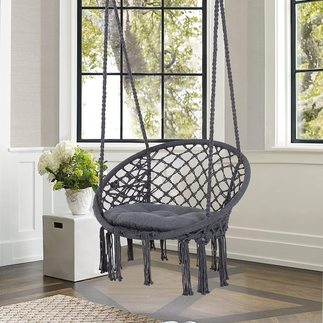 Macrame hanging swing chair boho woven fringe indoor outdoor hammock seat Bowlift