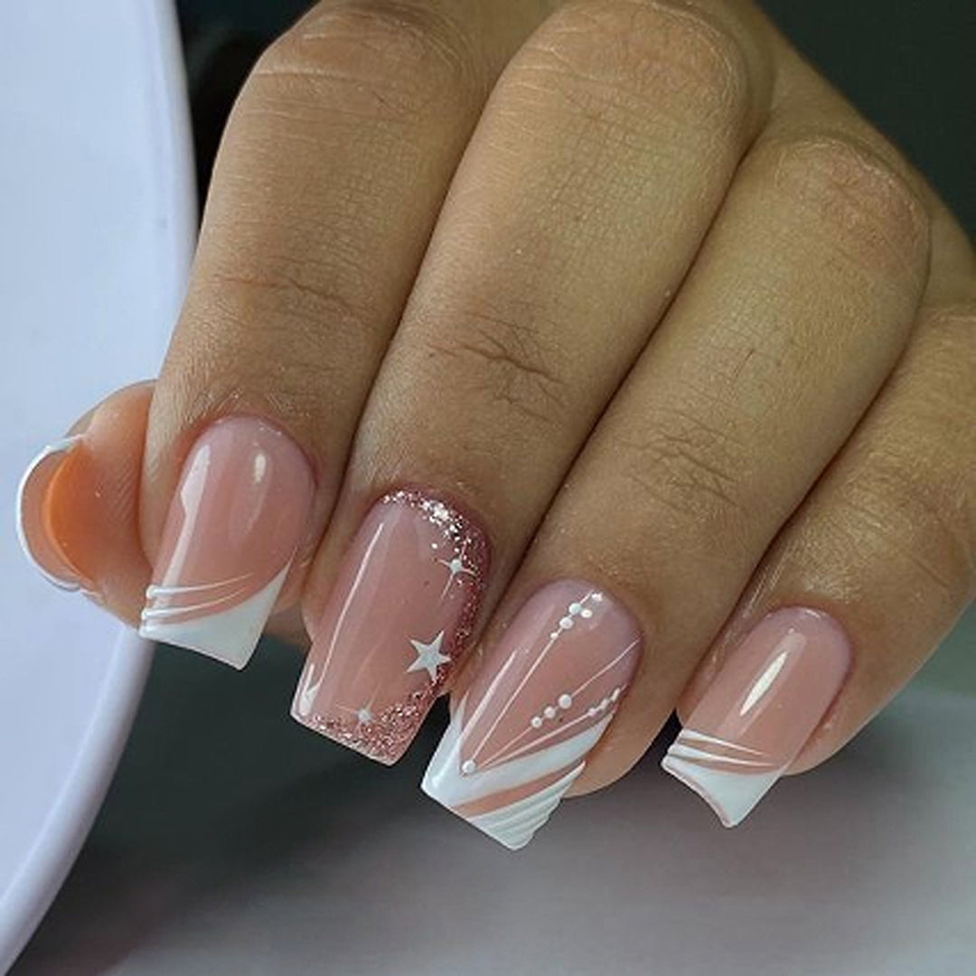 Artful Nail Extensions with Glitter and Star Design Bowlift