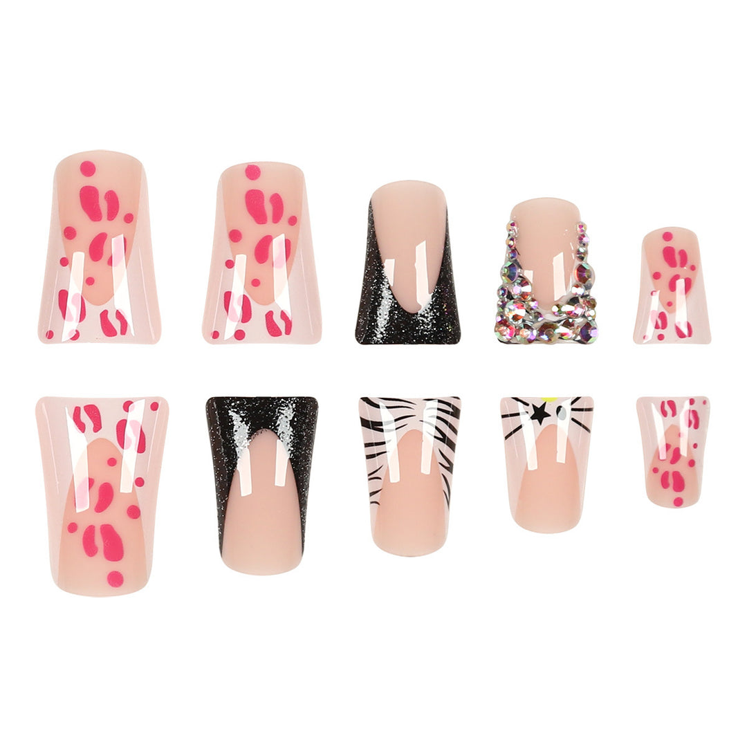 Decorative Stiletto Press-On Nails with Artistic Pattern and Gem Accents Bowlift