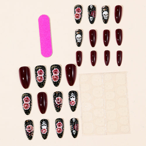 Gothic Floral and Skull Accent Nail Art Extensions Bowlift