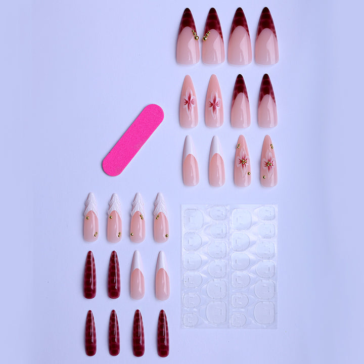 Artificial Nails in Elegant Modern Stiletto Style with Floral Design and Golden Accents Bowlift