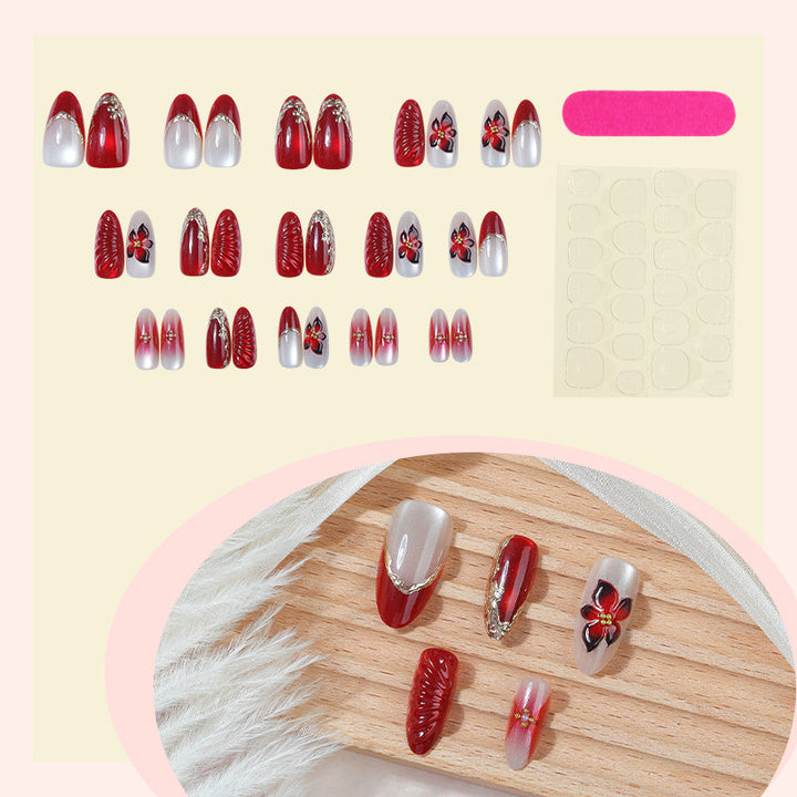 Decorative Press-On Nail Art Set with Floral and Glossy Accents Bowlift