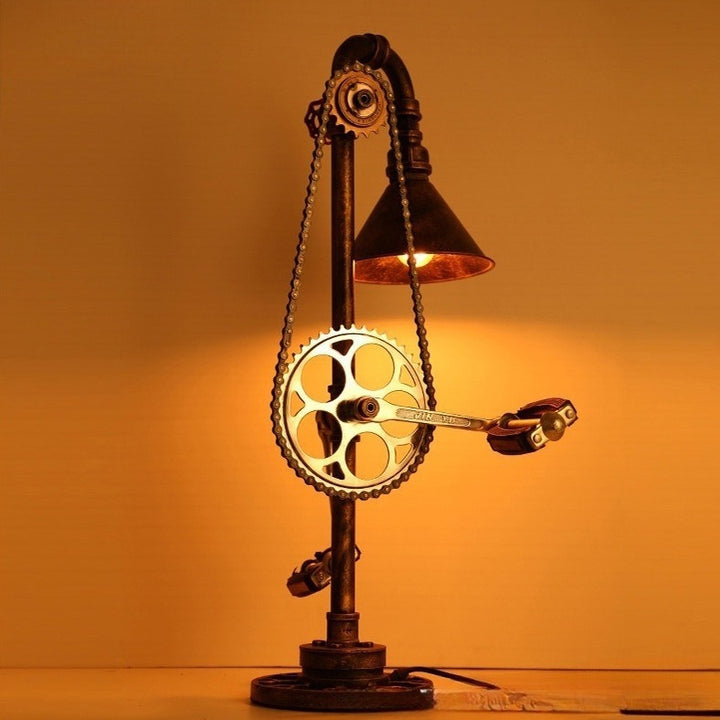 Industrial Steampunk Bicycle Gear Table Lamp with Upcycled Chain and Pedal Accent Bowlift