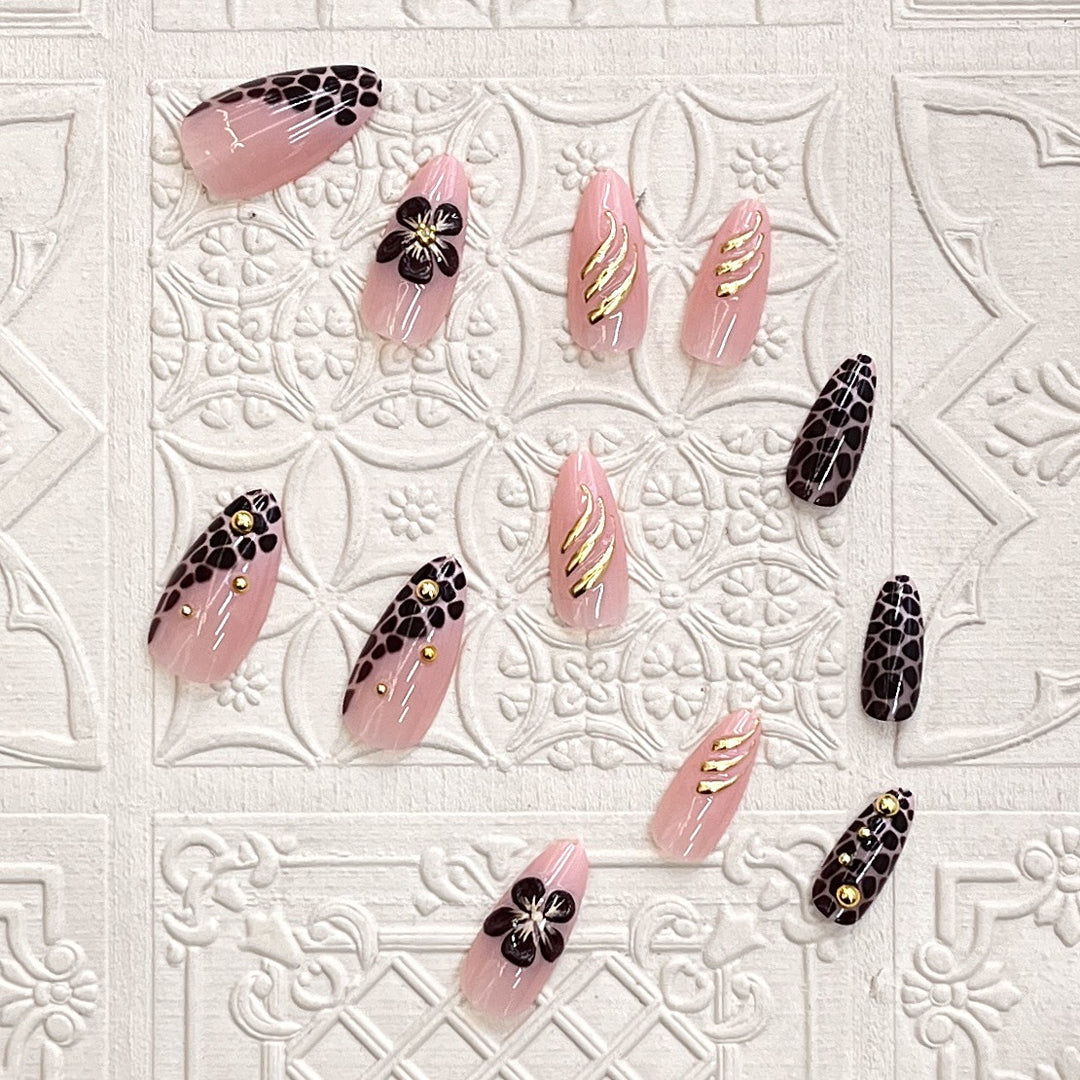 Artistic Press-On Nail Set with Floral and Leopard Accent Bowlift