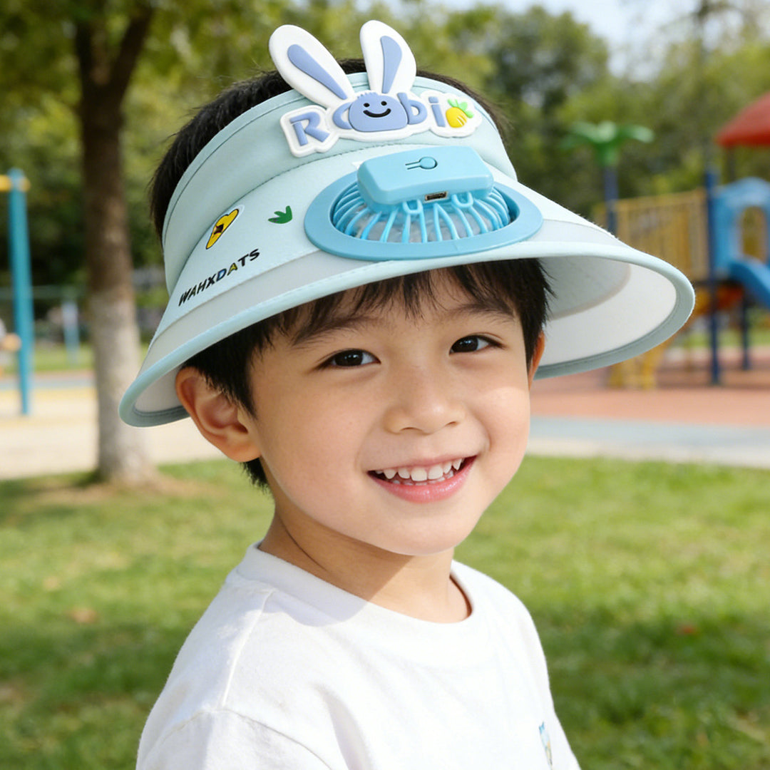 Sun protection with integrated battery fan, adjustable chin strap and cute bunny design Bowlift