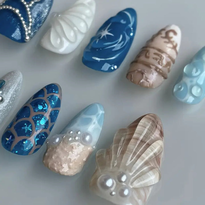 Artistic Ocean-Themed Press-On Nail Art Bowlift