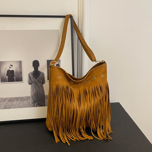 Suede Fringe Shoulder Bag Bowlift