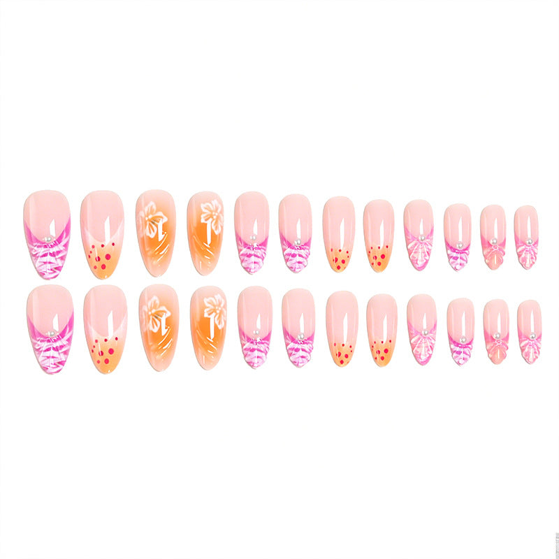 Acrylic nail set with exotic flower patterns and glitter accents Bowlift