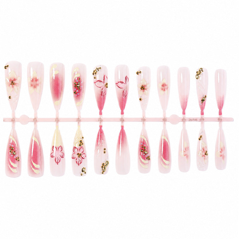 Decorative Stiletto Press-On Nail Art Set with Floral Accents Bowlift