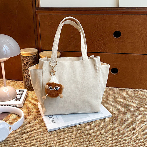 Textured Corduroy Tote Bag with Cute Plush Charm