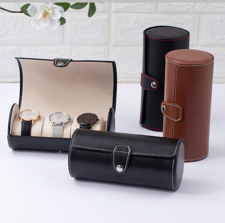Cylindrical PU Leather Travel Watch Roll Case with Snap Closure Bowlift