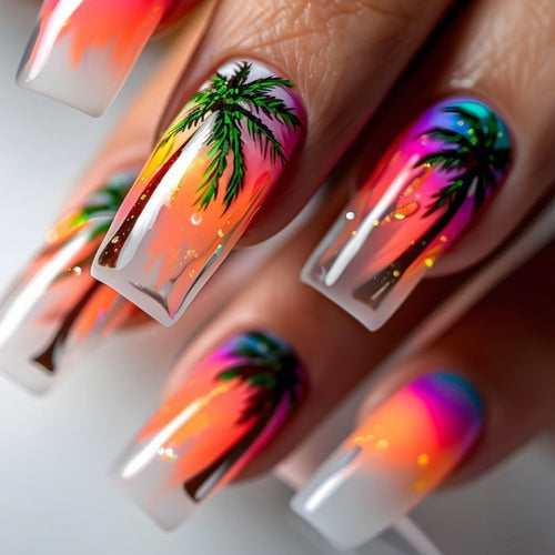 Artificial nails with tropical palm and sunset design Bowlift