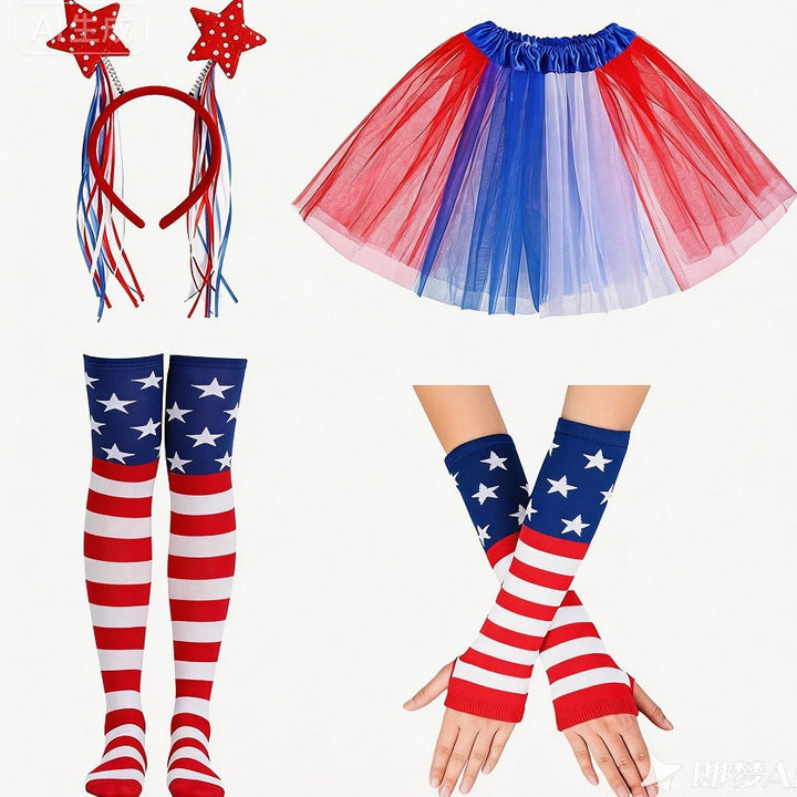Women's nan patriotic tulle layered mini skirt headband arm sleeves and thigh high socks set Bowlift