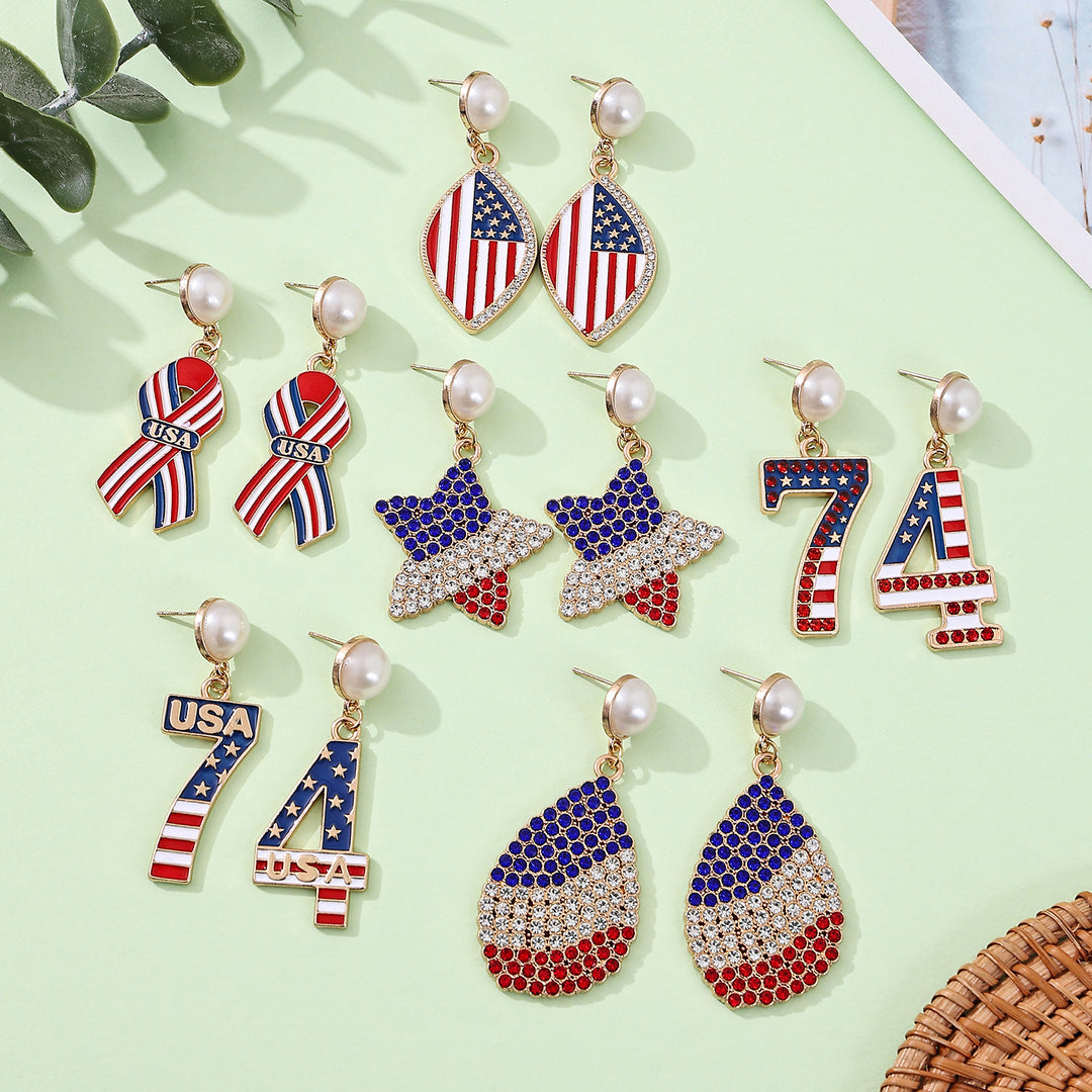 Ladies' eye-catching statement earrings with pearl stud and USA number pendant Bowlift