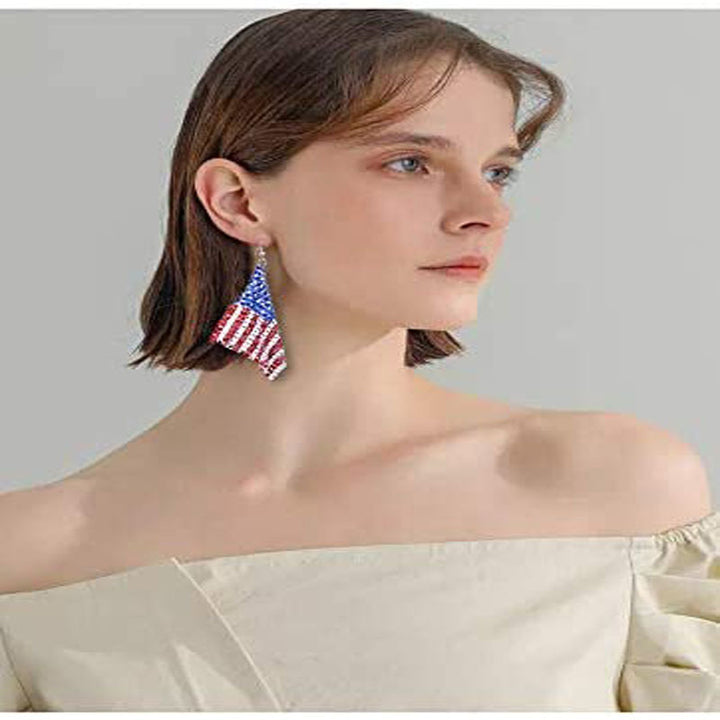 Ladies' long crystal mesh earrings with flag pattern and fishhook clasp Bowlift