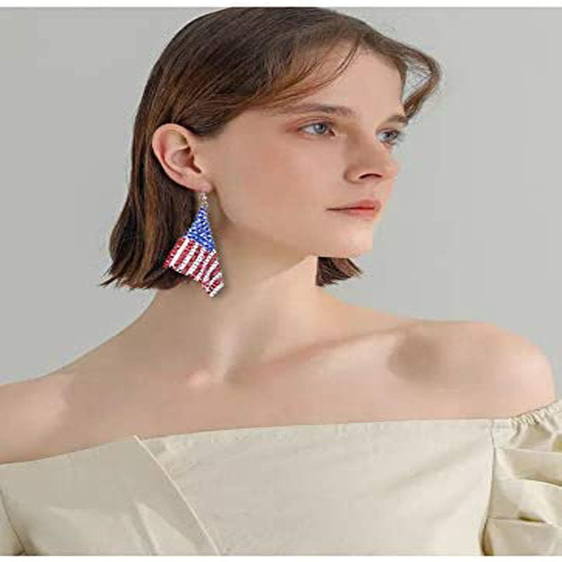 Women's long flexible rhinestone mesh earrings in American flag design with fishhook Bowlift