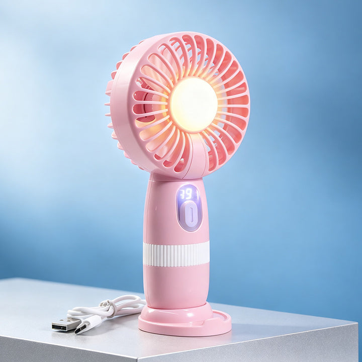 Women's Portable Handheld Fan with LED Lighting and Digital Temperature Display Bowlift