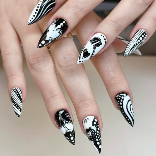 Creative Art Nails in Elegant Black-and-White Design Bowlift
