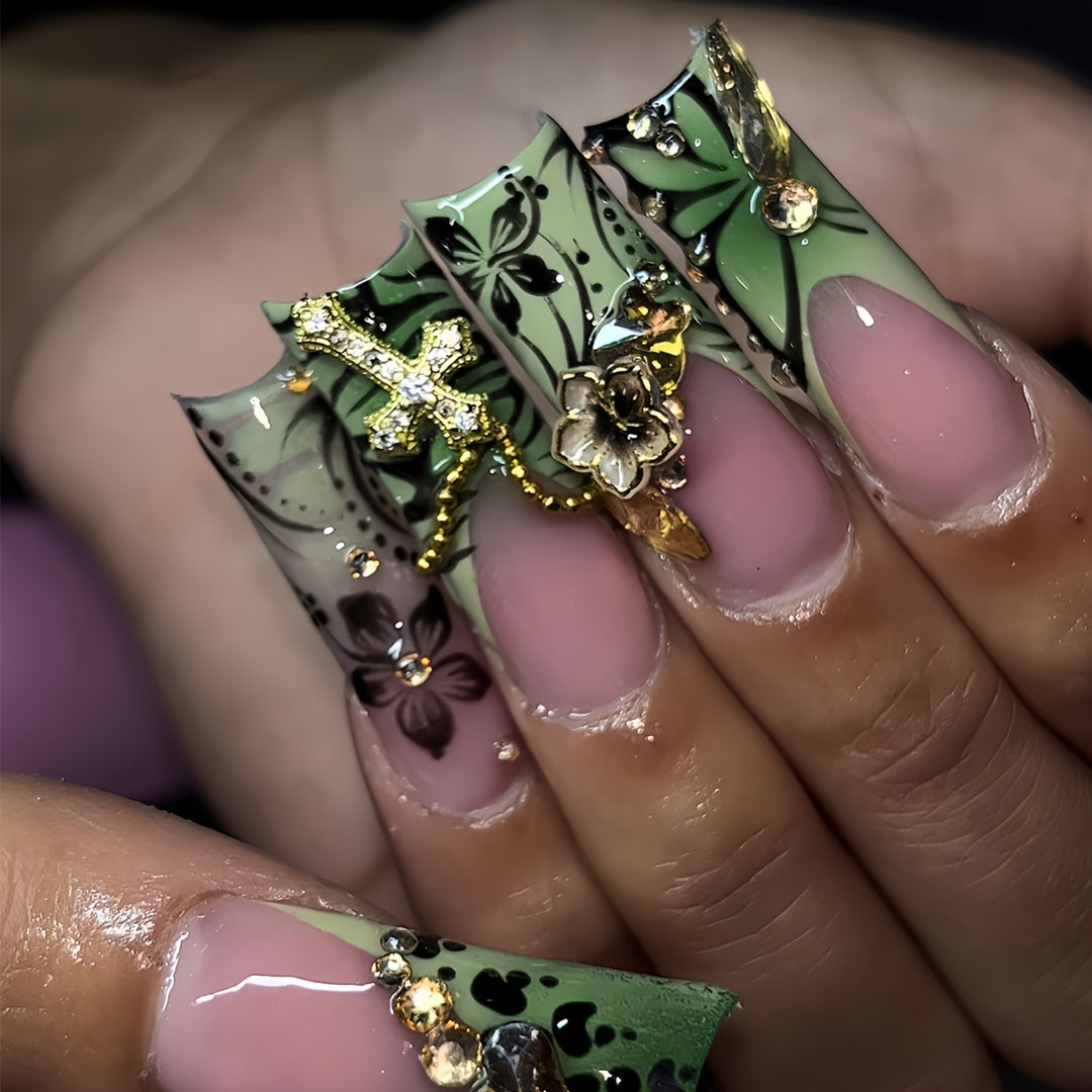 Decorative Floral Press-On Nails with Gem Accents Bowlift