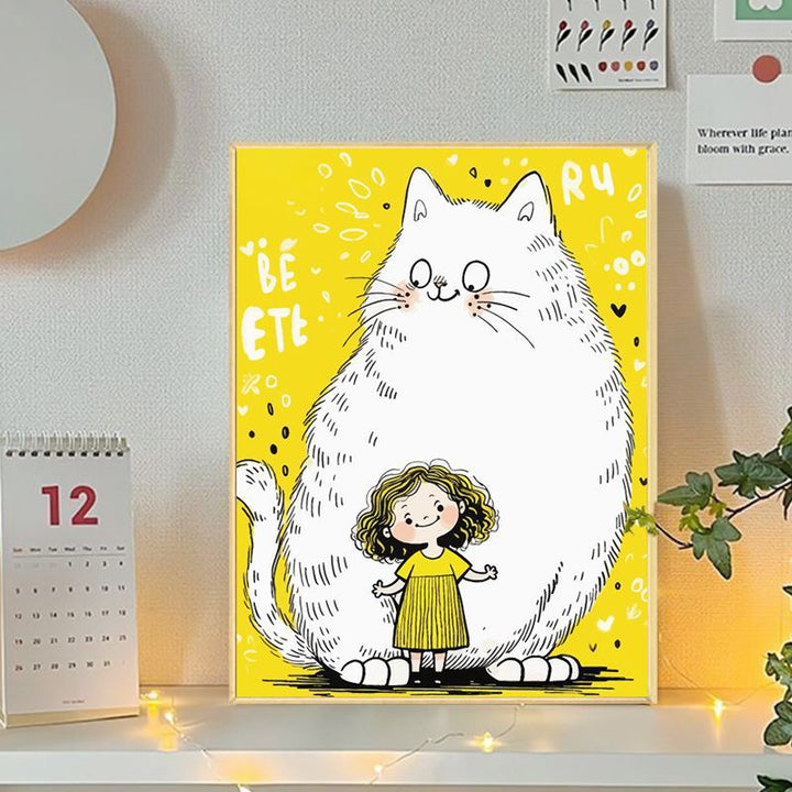Playful Cat and Girl Illustration Canvas Art Bowlift