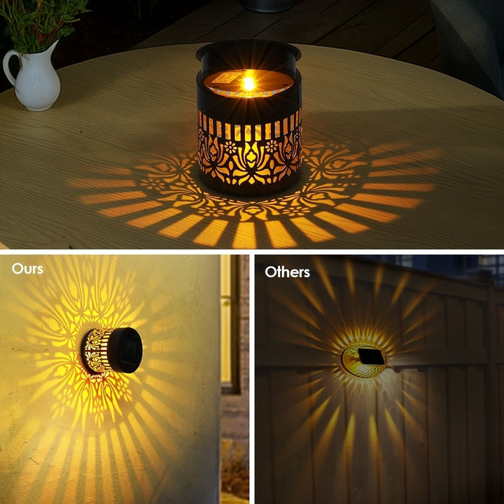 Decorative Solar-Powered Metal Lantern With Geometric Cutout And Warm LED Candle Effect Bowlift