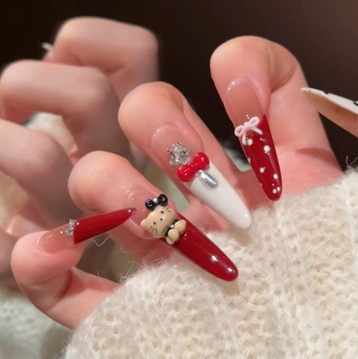 Artistic Press-On Nail Set with Holiday Designs Bowlift