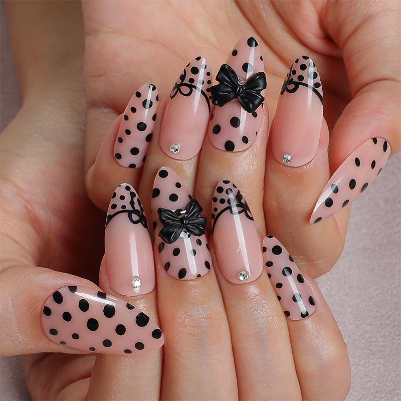 Artistic Press-On Nail Set with Polka Dot and Bow Designs Bowlift