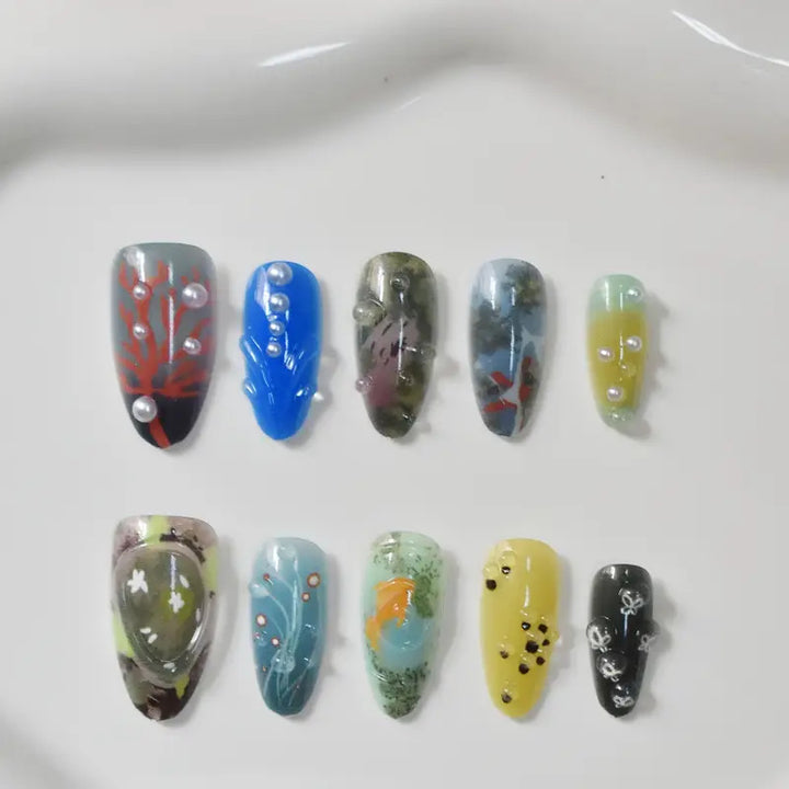 Artistic Marine-Inspired Press-On Nail Art Bowlift