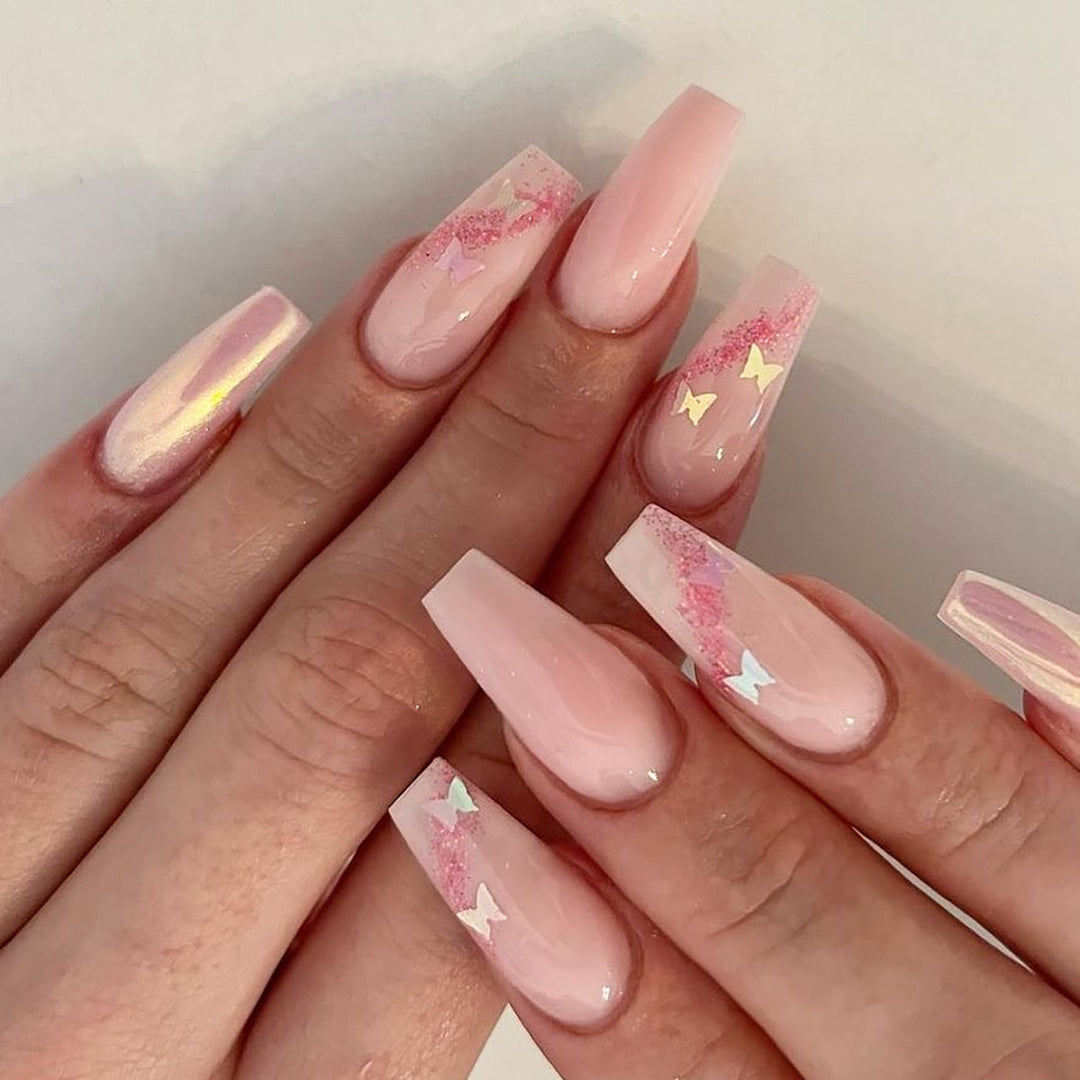 Artful Gel Nails with Elegant Floral Design and Glitter Accents Bowlift
