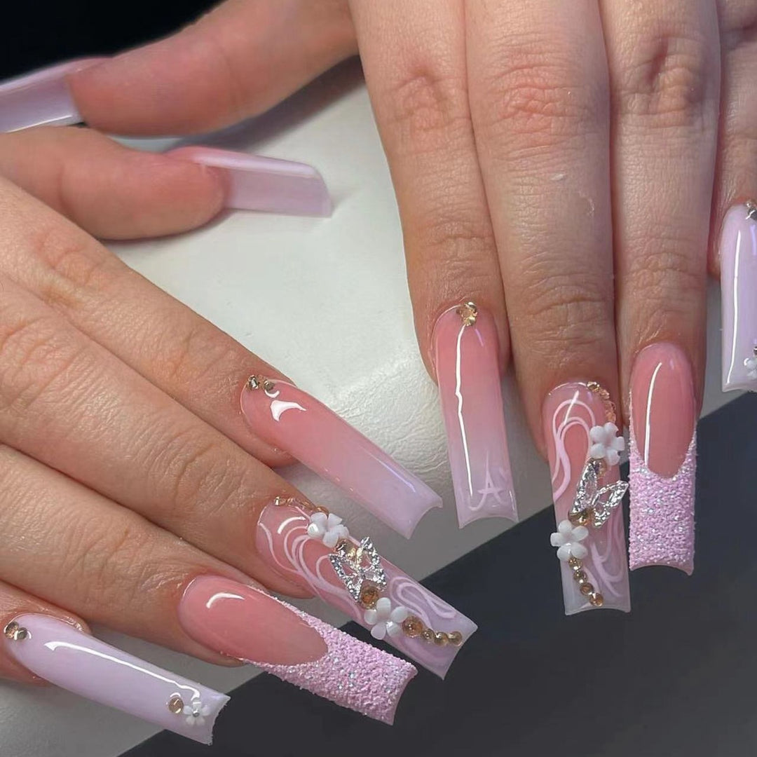 Floral and Glitter Stiletto Press-On Nails Bowlift